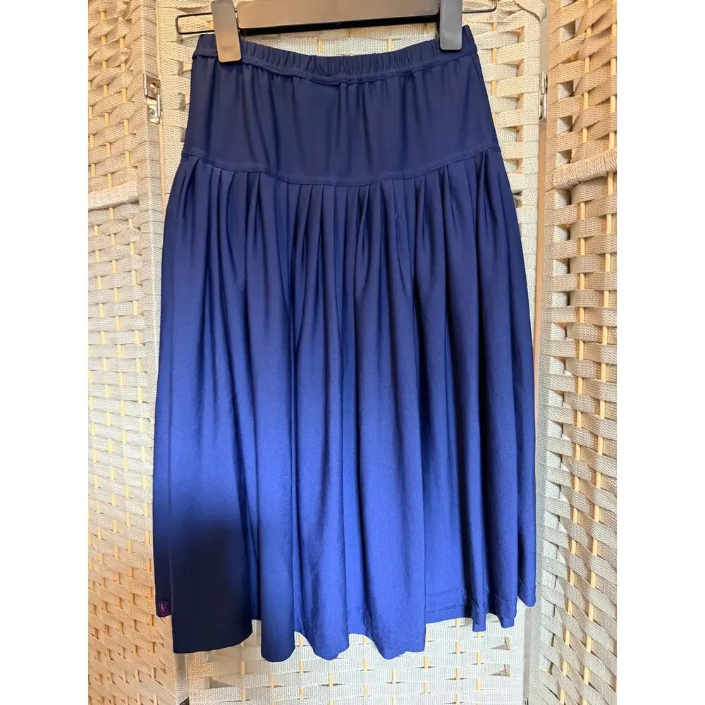 Ounce Women's Size 12 Navy Blue Pleated Midi Skirt Stretch Elastic Waist